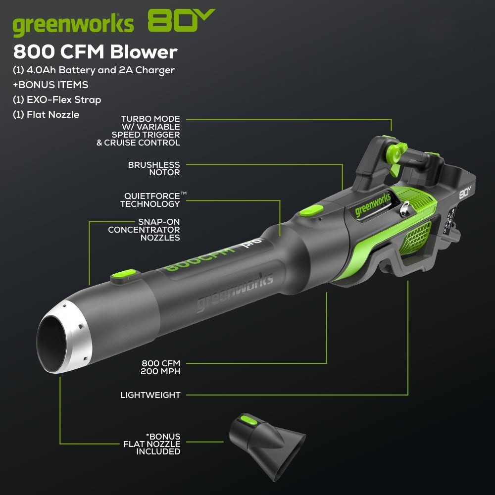 Greenworks 80V 800CFM Leaf Blower w/ 4Ah Battery 2A Charger & Shoulder Strap