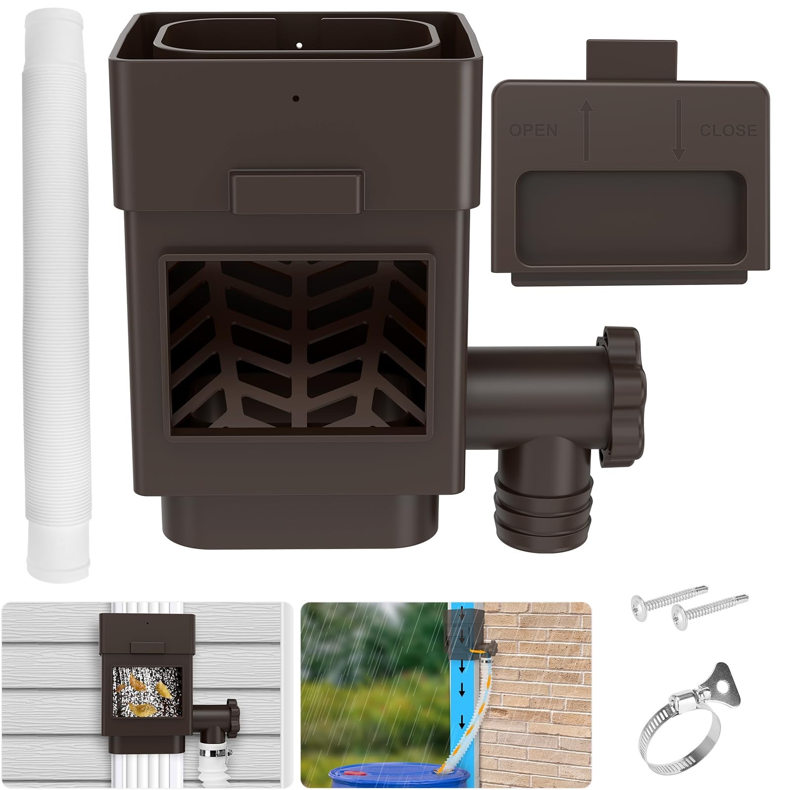 Rainwater Collection System for 2″x 3″ or 3″x 4″ Residential Downspouts, Brown