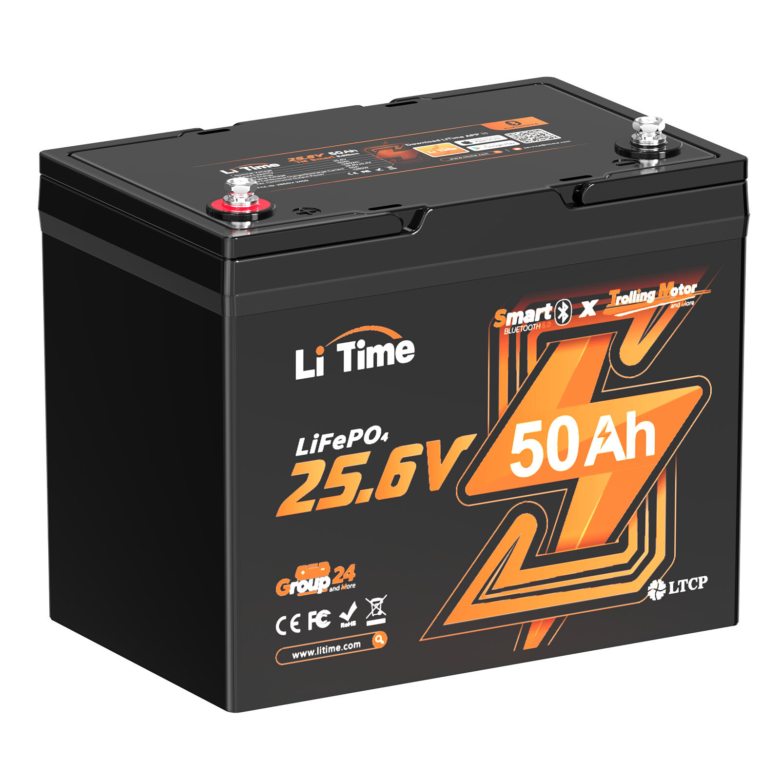 LiTime 24V 50Ah TM Bluetooth LiFePO4 Lithium Battery For Trolling Motor Solar