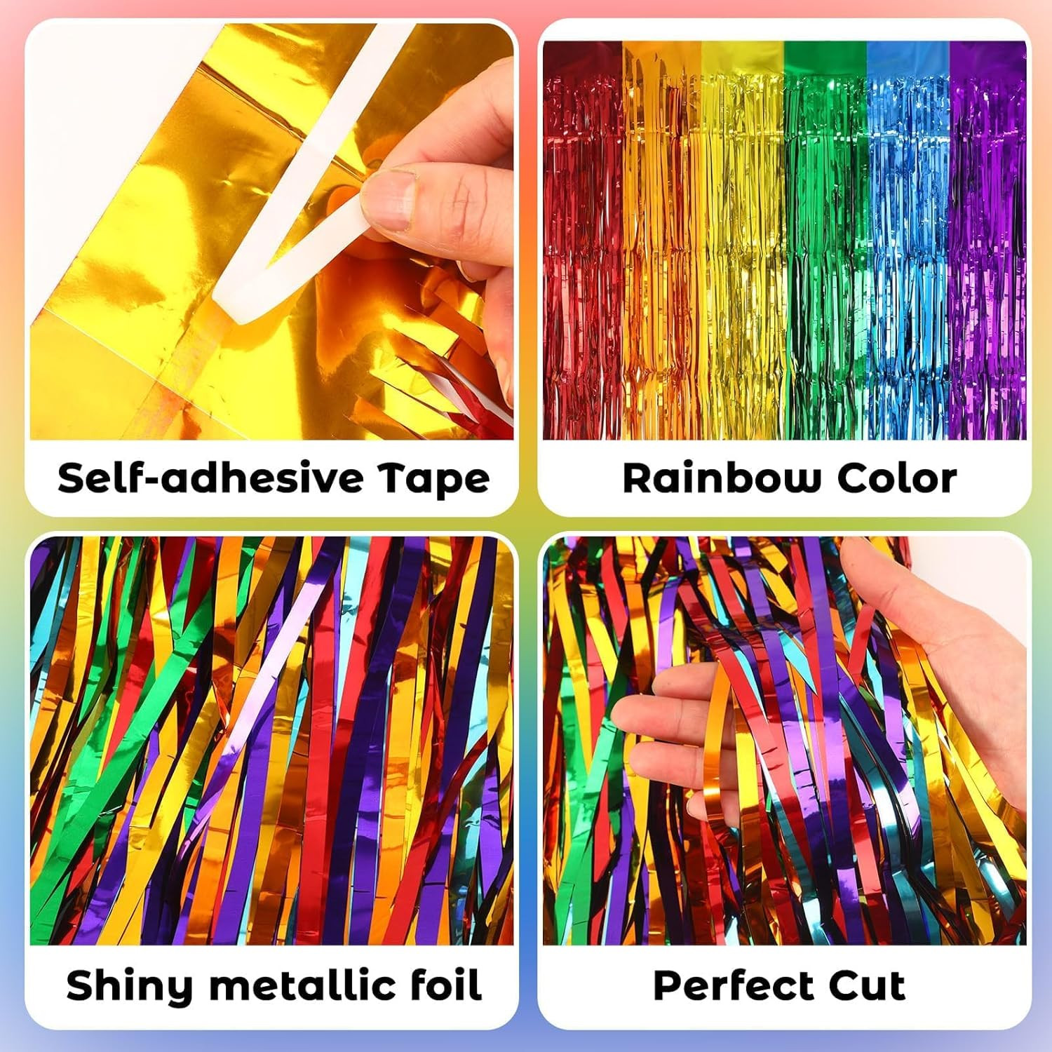 4 Pack Pride Rainbow Table Skirts, 30X108 Inch Metallic Foil Fringe Table Skirts