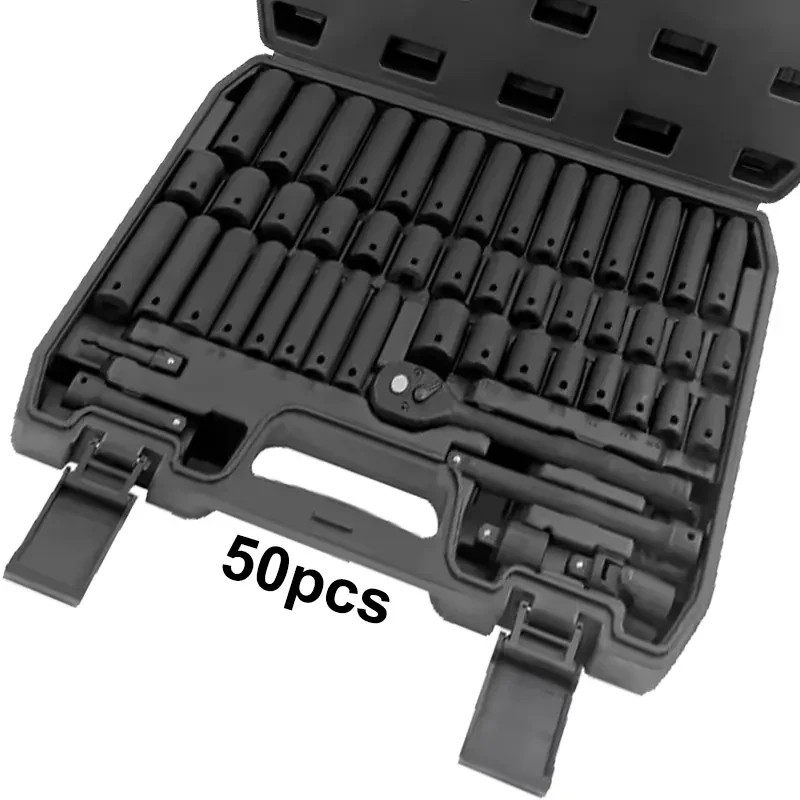 Bourvill 50Pcs 3/8 Drive Impact Socket Set SAE Metric 6 Point Cr-V Steel Case NE