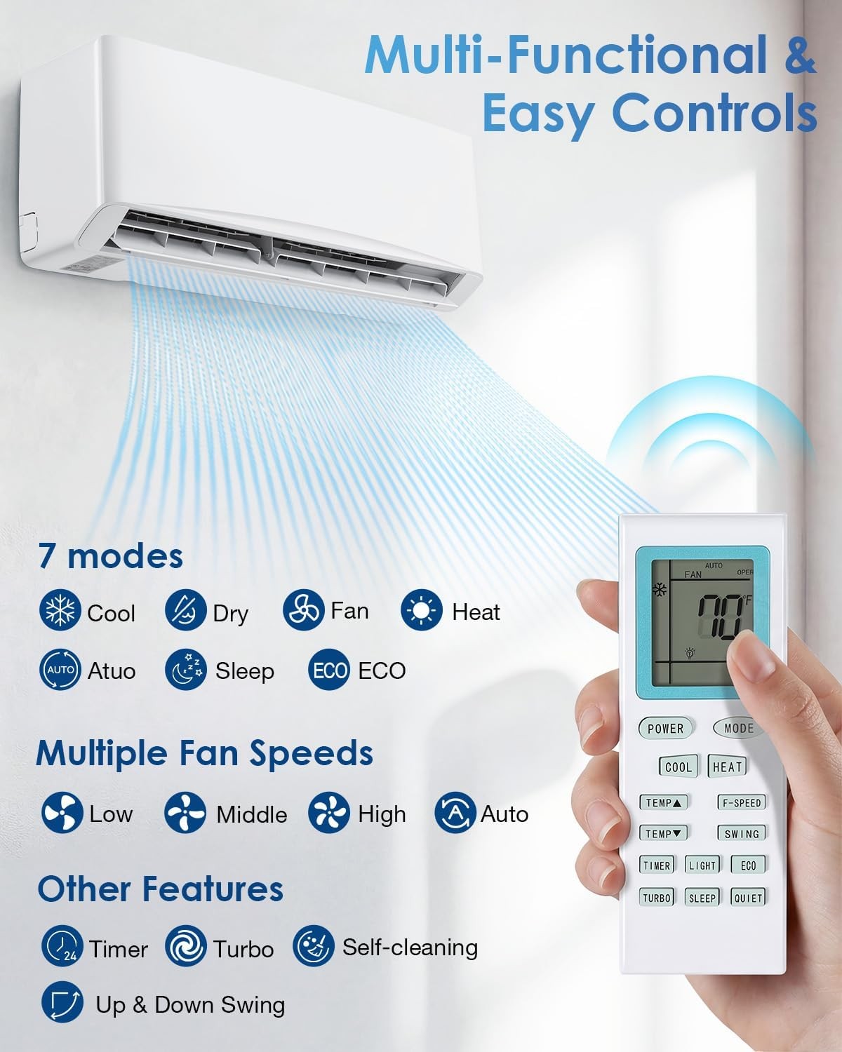 9000 BTU Mini Split AC/Heating System, Wall Air Conditioner & Heat Pump