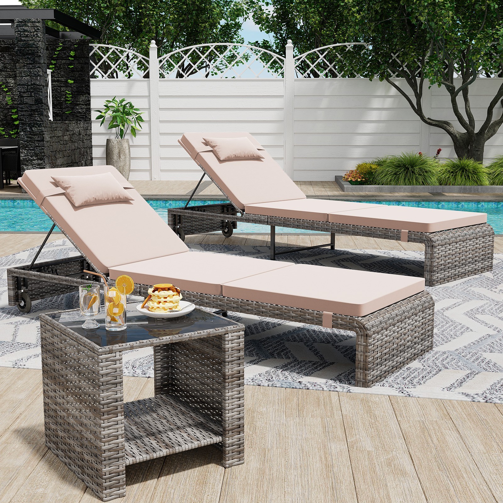 Danrelax Chaise Lounge Set (Set of 3), Modern Outdoor Patio Furniture, Beige