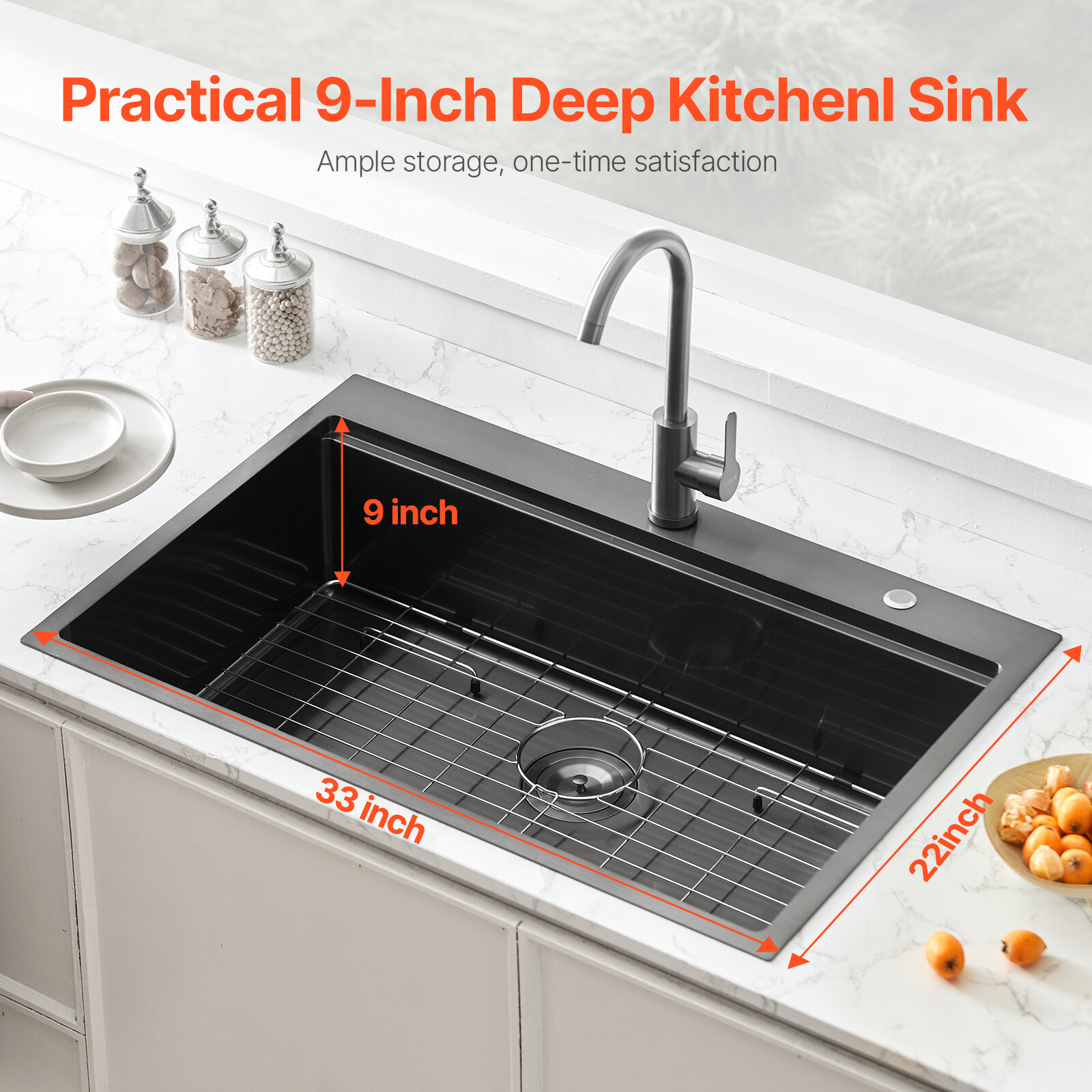 33″ Drop In Kitchen Sink Top Mount Single Bowl Basin Stainless Steel Black