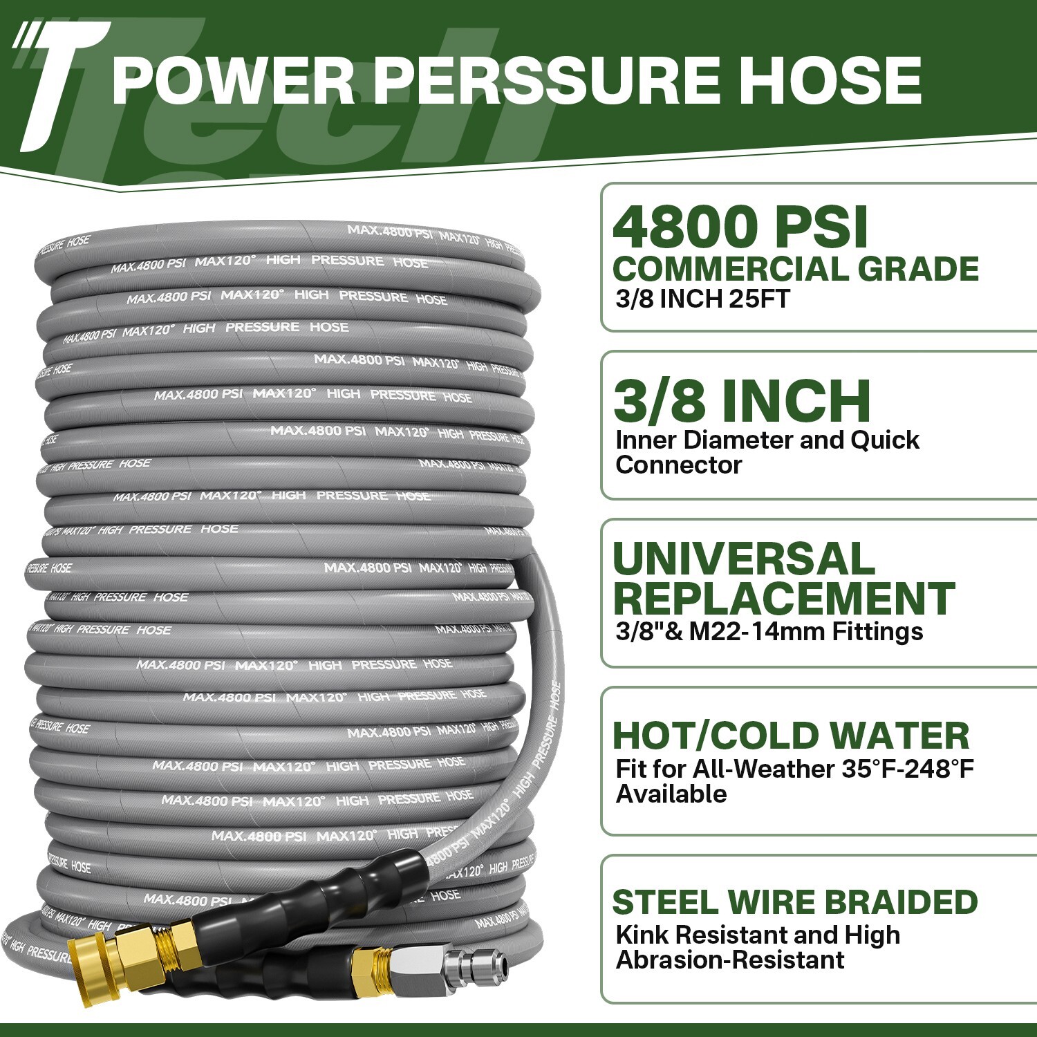 5000PSI Pressure Washer Gun 25FT 4800PSI Pressure Washer Hose 15″ Extension Wand