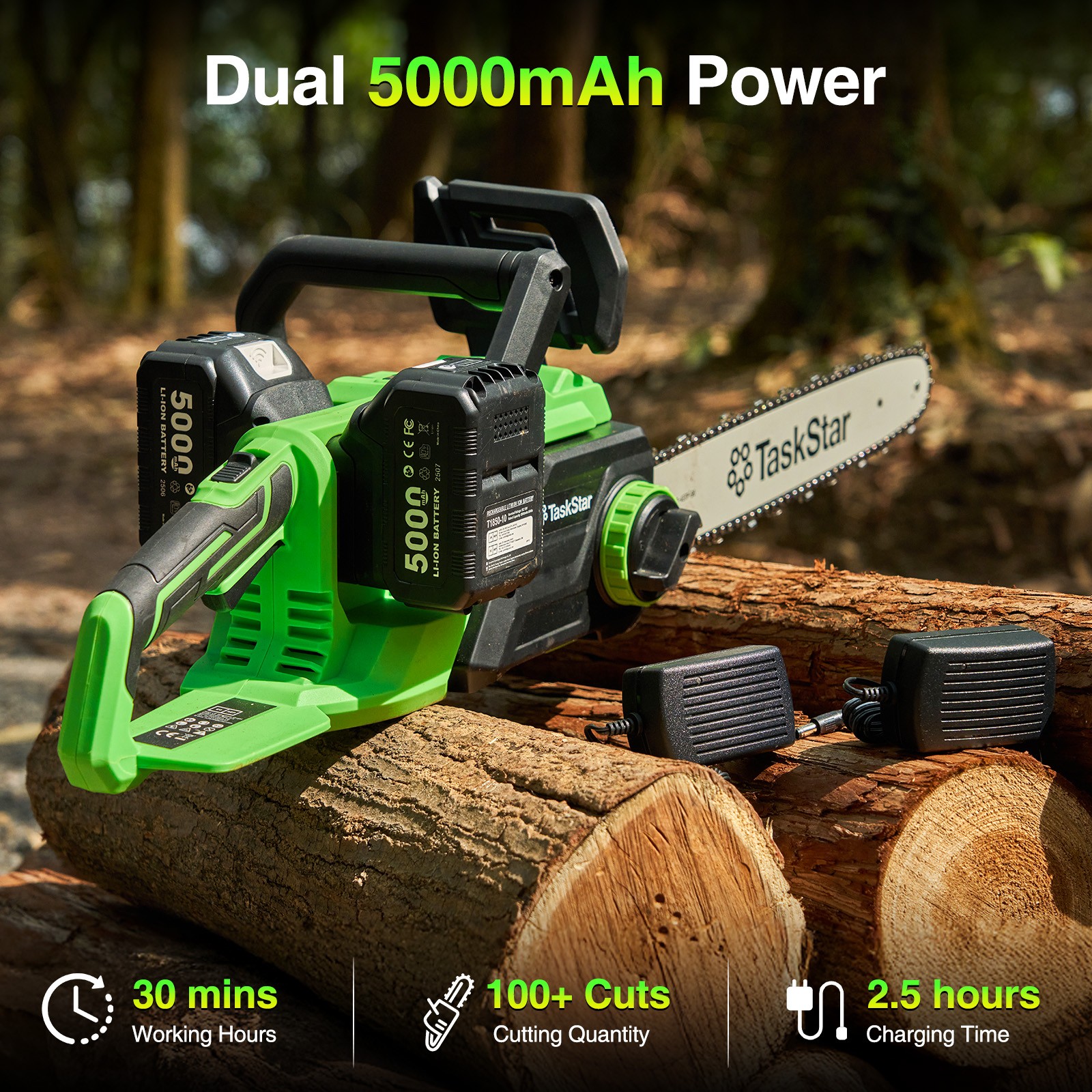Taskstar 40V 16-Inch Cordless Chainsaw Brushless Saw 2×5.0Ah Battery & Charger