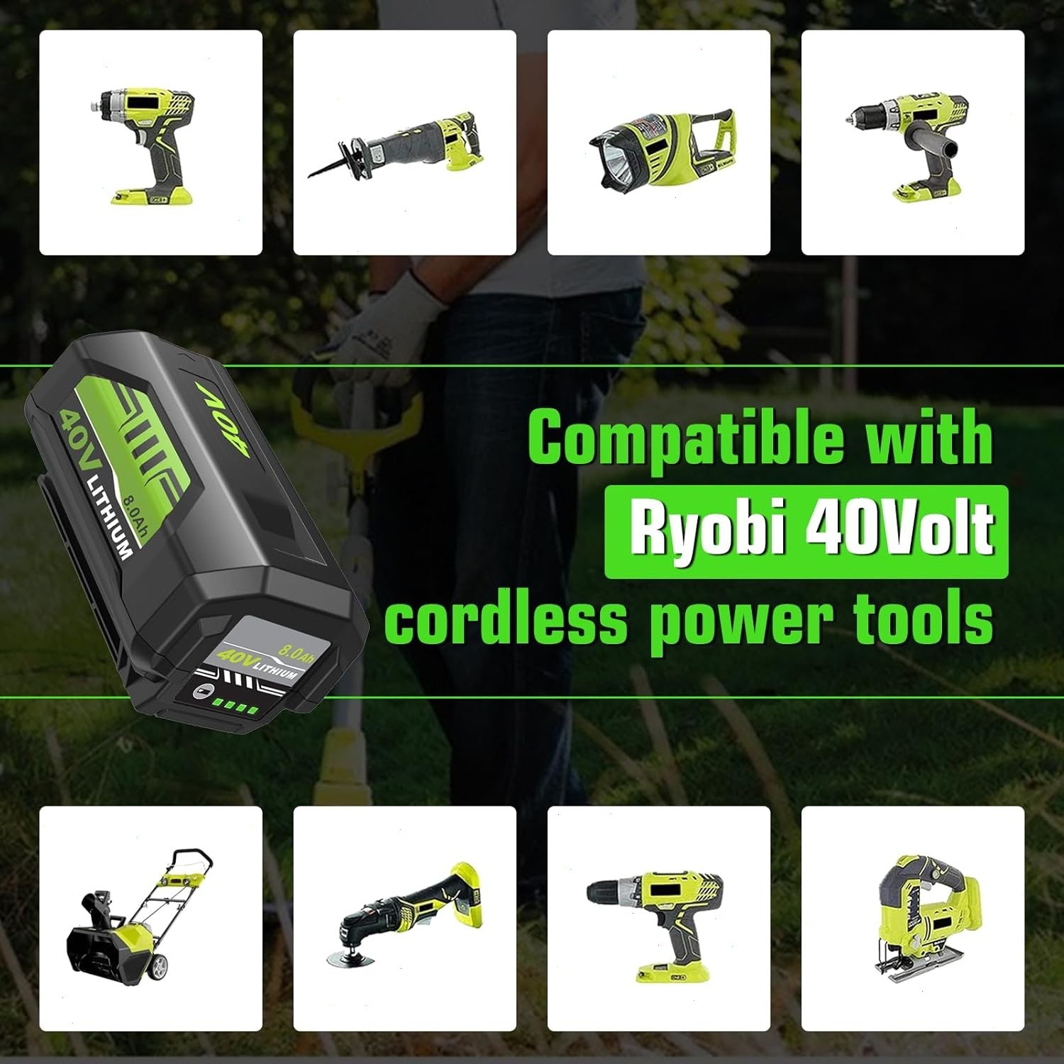 8.0Ah Battery 40 Volt for Ryobi 40V Lithium OP40602 Battery with LED / Charger