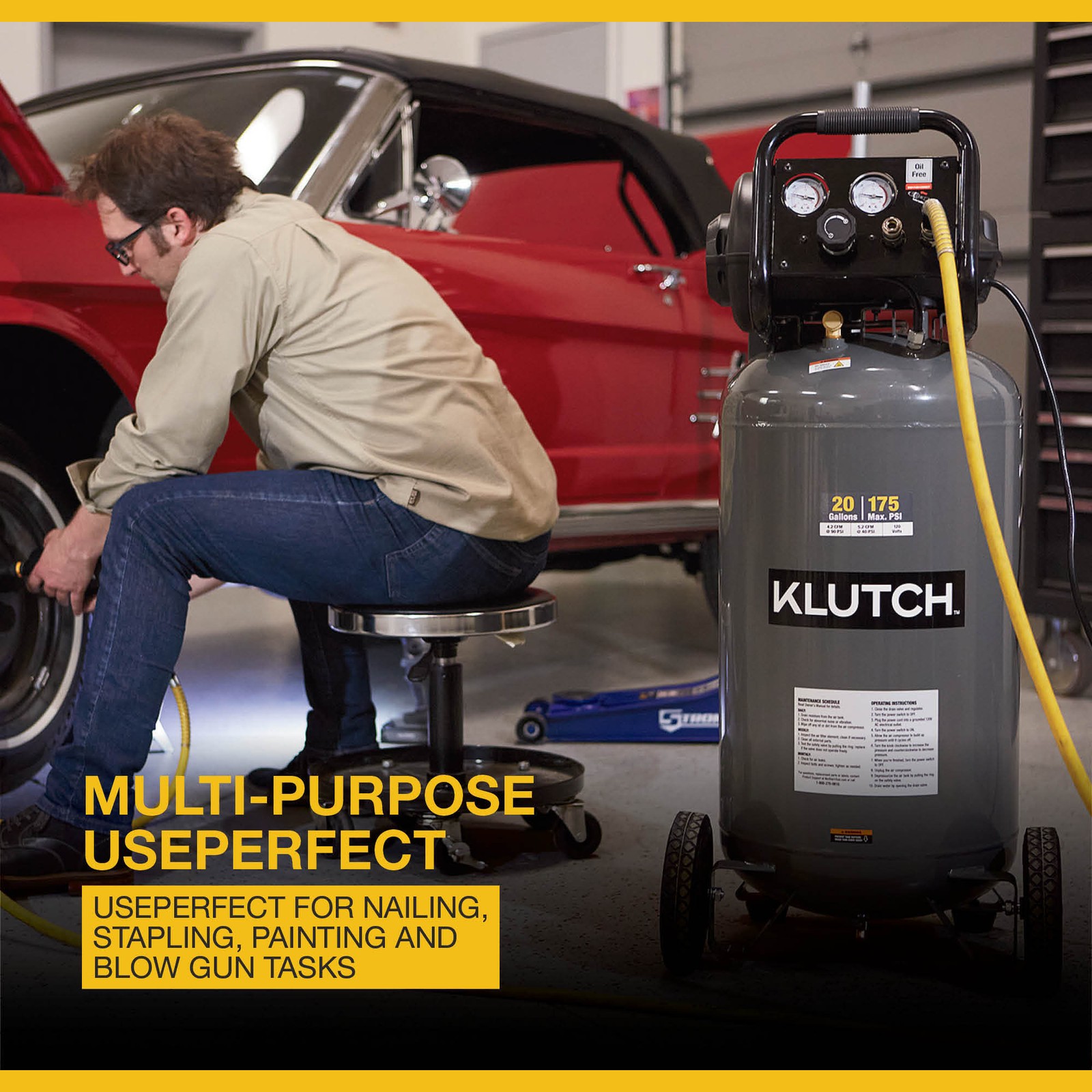 Klutch 20-Gallon Air Compressor, 2 HP, 120 Volts, 175 PSI, Model# 203001004001