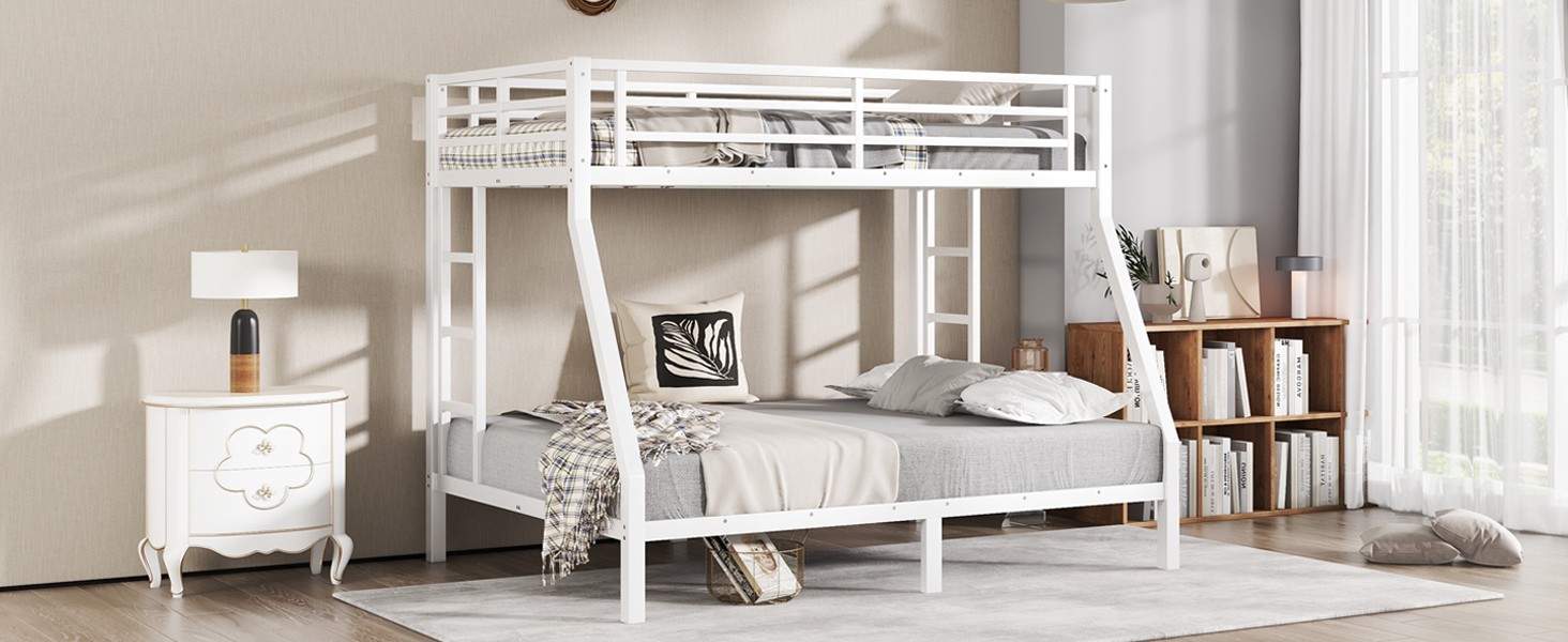 Metal Twin over Full Bunk Bed White Bed Frame for Teens and Adults Bedroom