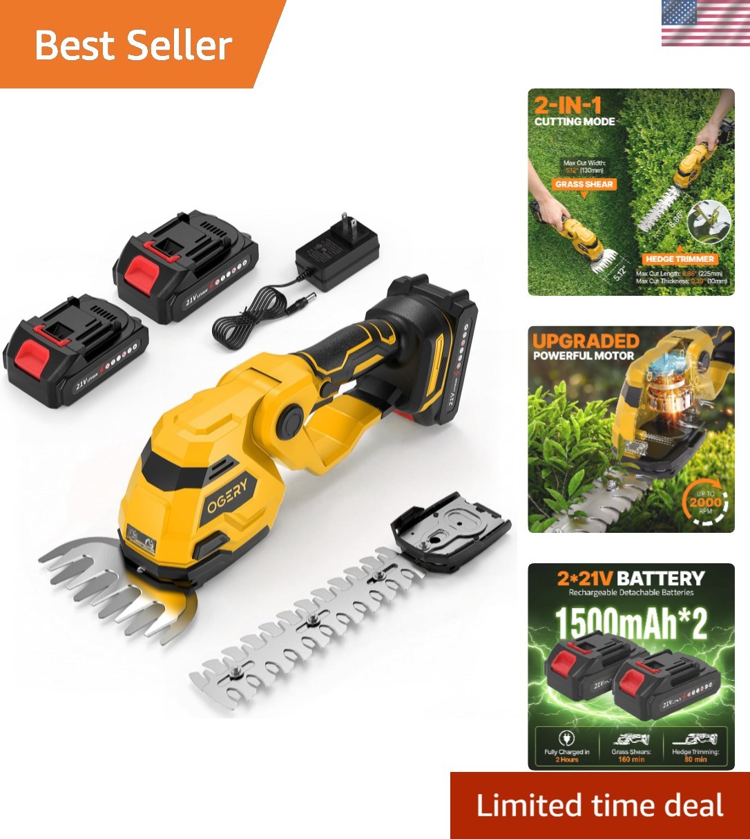 Dual Battery 21V Electric Hedge Trimmer & Grass Shears – Lightweight Design