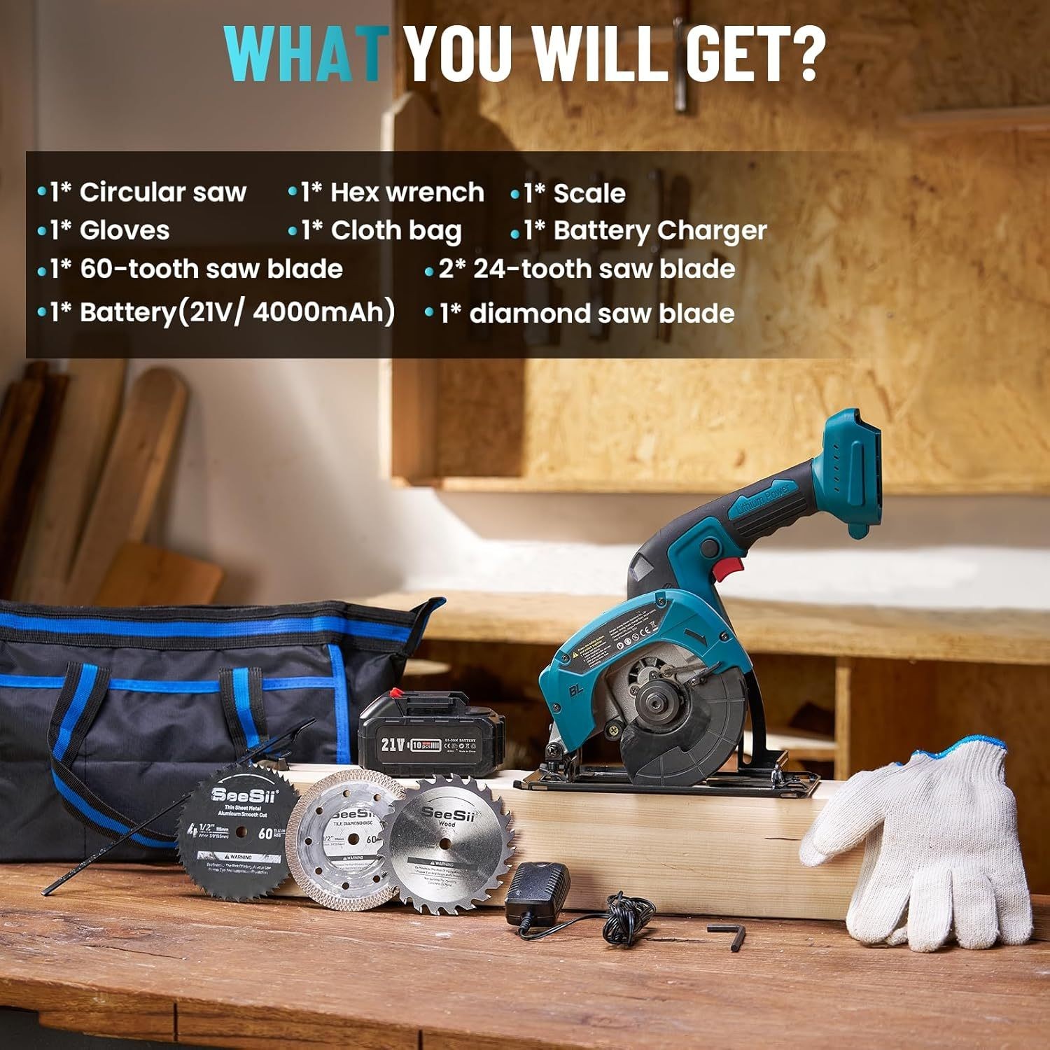 SeeSii 4-1/ 2″ Mini Circular Saw ,6900RPM Compact Cordless Circular Saw 4000MAH