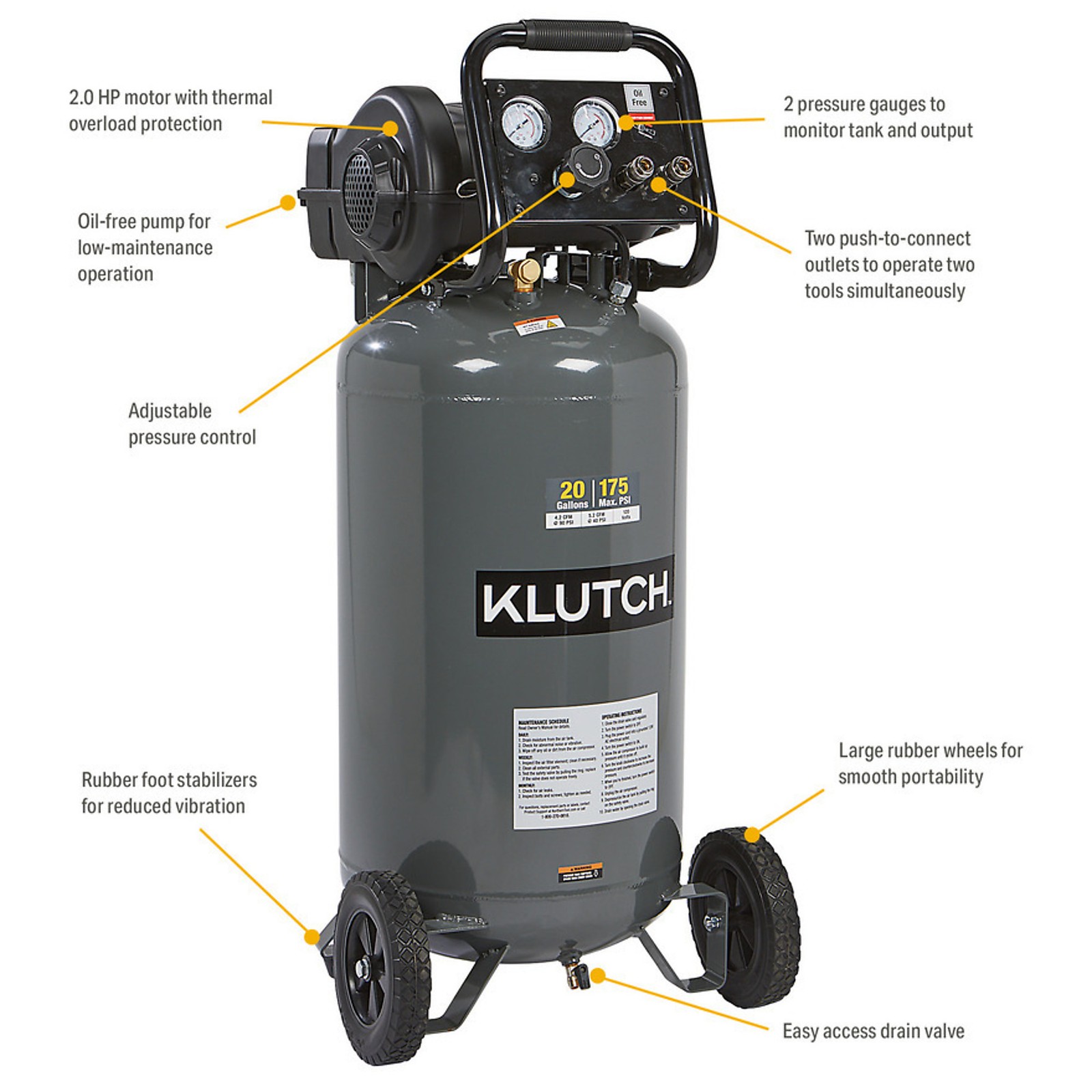 Klutch 20-Gallon Air Compressor, 2 HP, 120 Volts, 175 PSI, Model# 203001004001