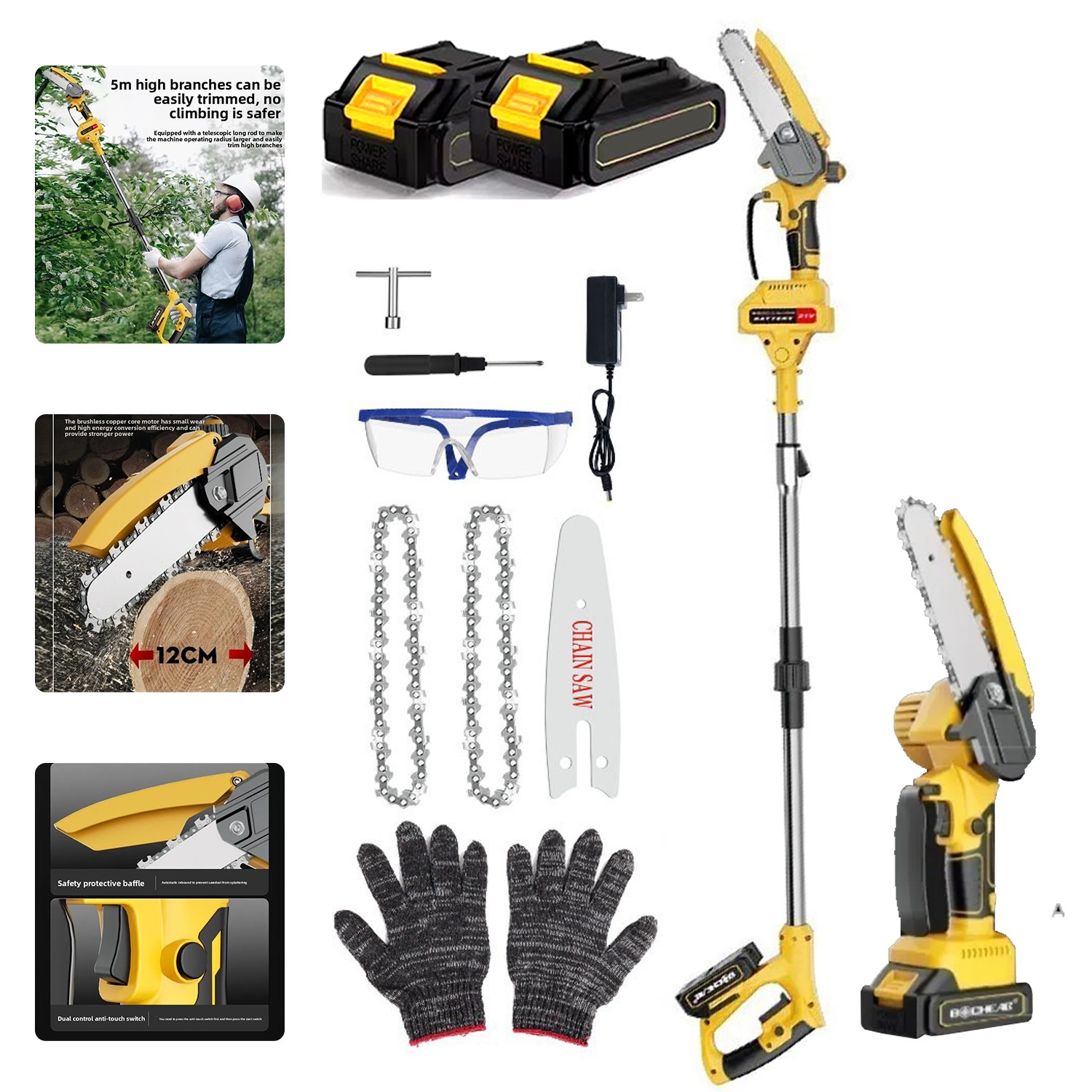 Cordless Pole Saw, Brushless Mini Chainsaw with Pole With 2 Pack 21V Batteries