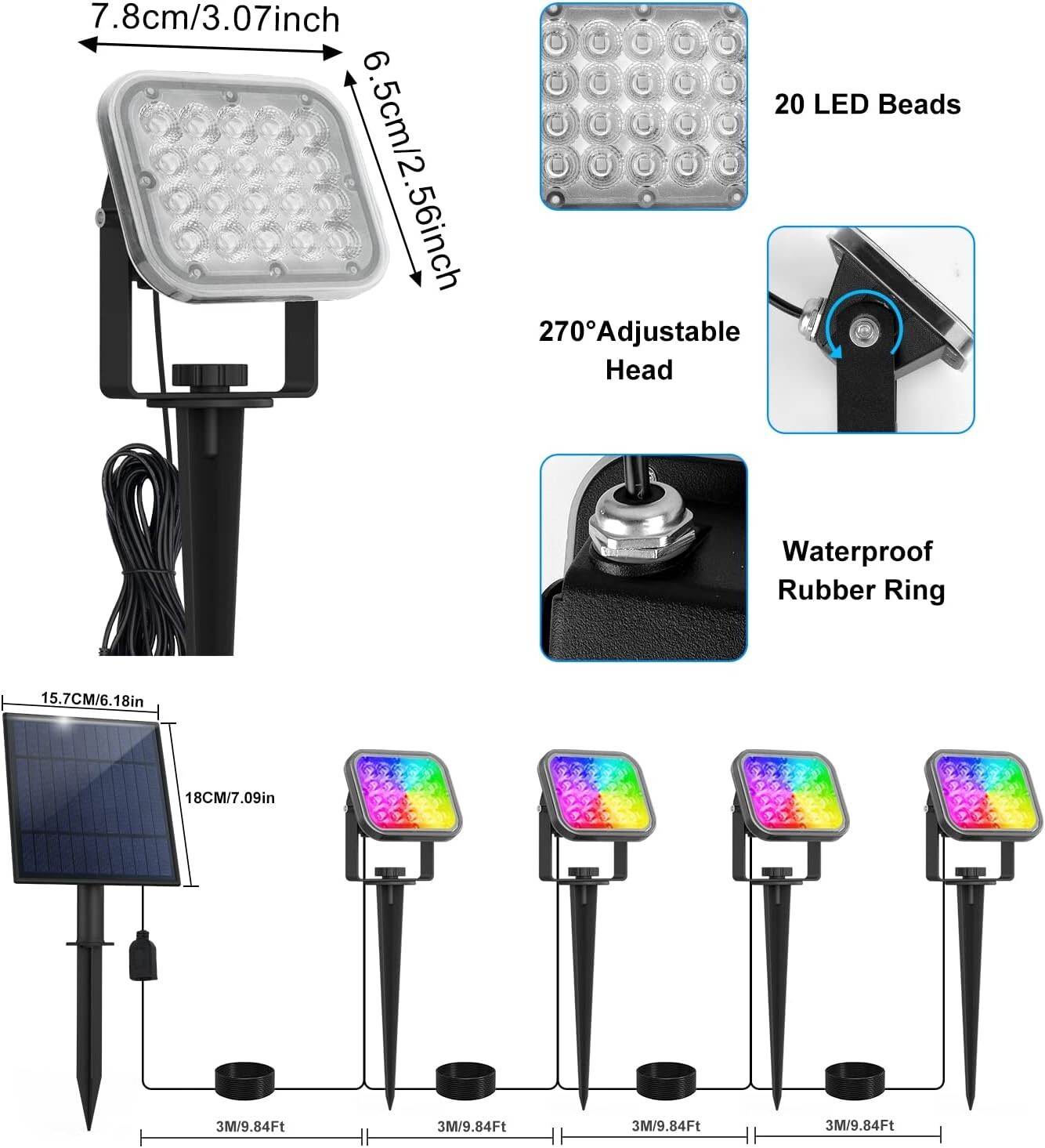 T-SUN RGB Solar Spotlight Outdoor Color Changing Spot Lights Waterproof Garden
