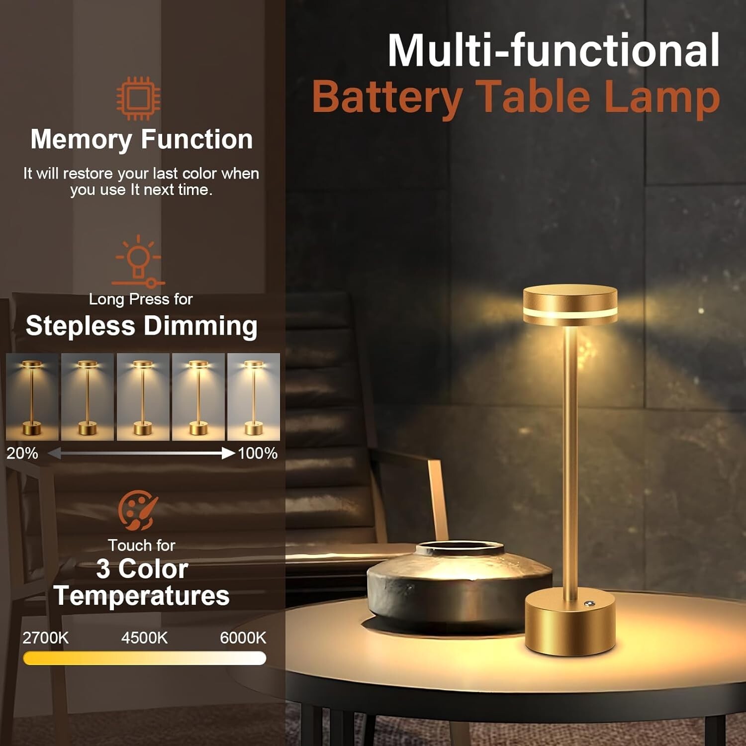 Cordless Table Lamp Portable Battery Powered LED Desk Lamps USB Rechargeable US