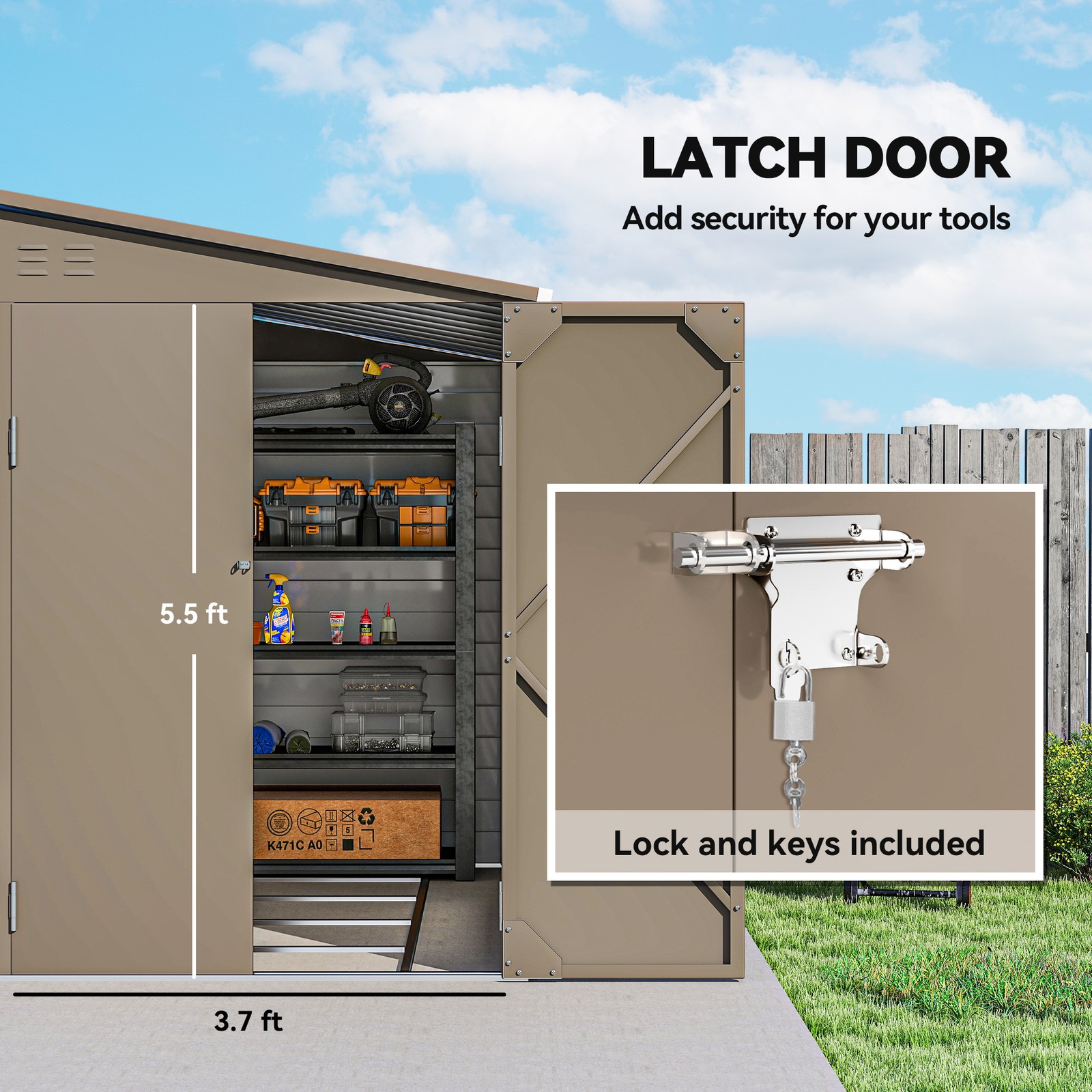 4.6′ x 9′ Metal Outdoor Storage Shed with Lockable Doors, Brown