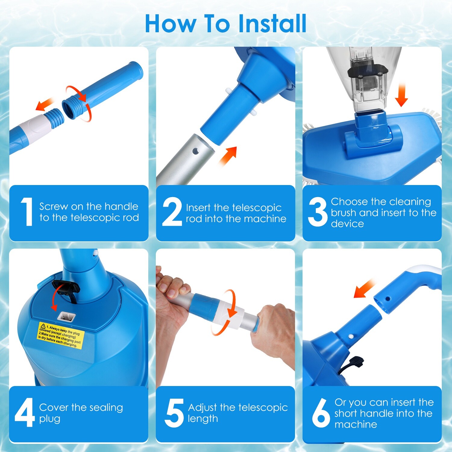 Cordless Pool Vacuum with Telescopic Pole Powerful Suction IPX8 Waterproof