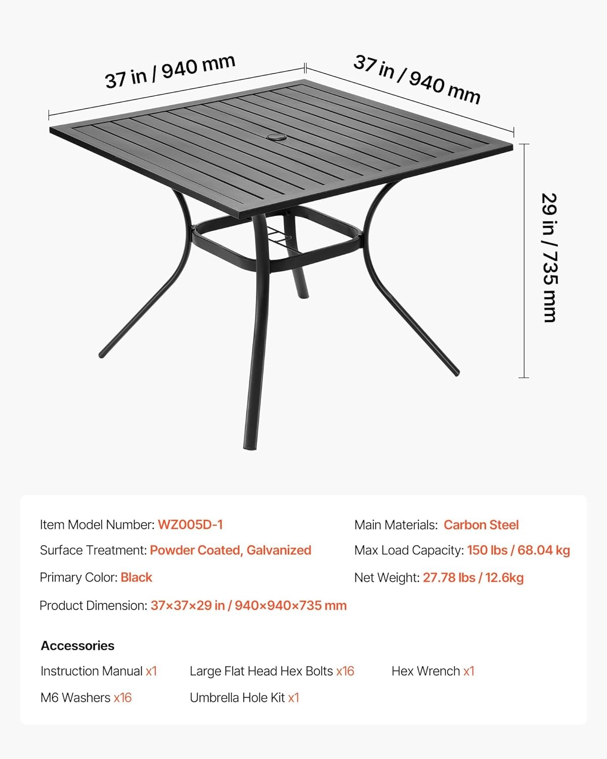 37″ Square Metal Steel Slat Outdoor Patio Dining Table