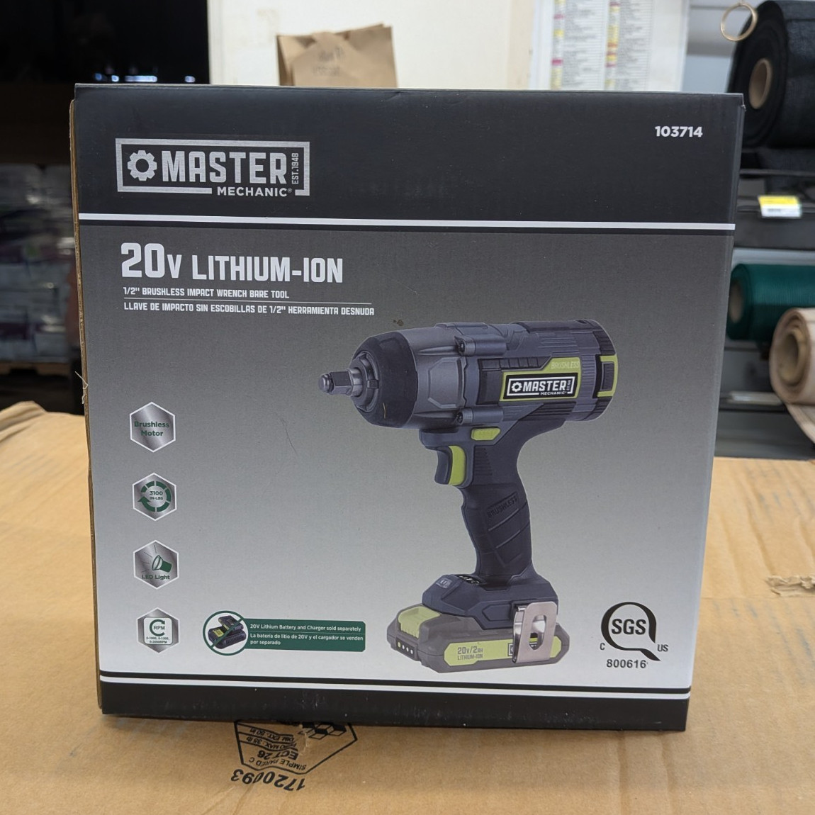 NO BATTERY – Master Mechanic 20V Li-Ion Brushless 1/2″ Impact Wrench Tool 103714