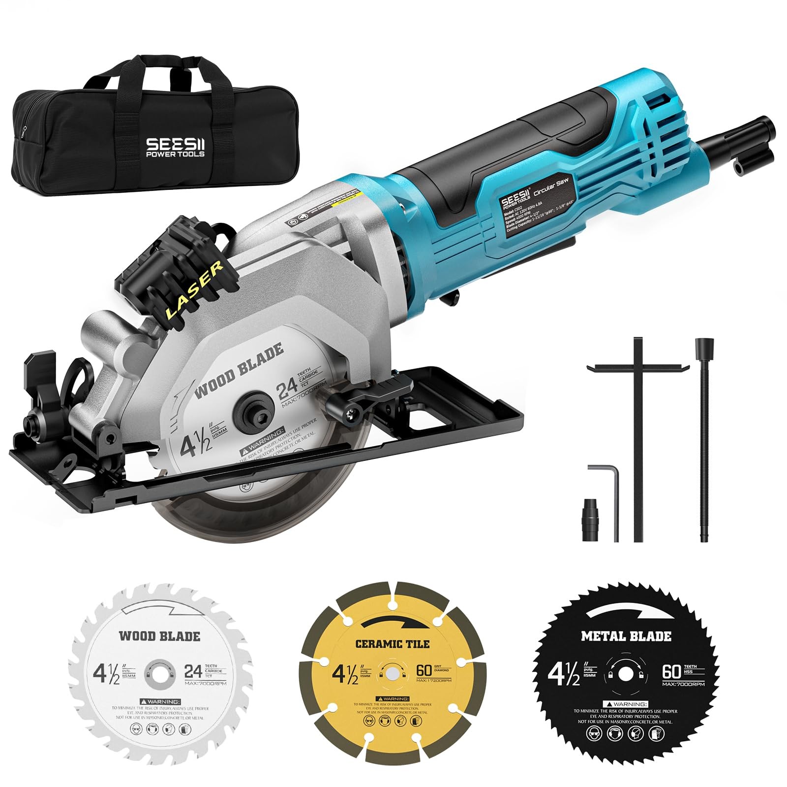 SEESII Mini Circular Saw 4.8A 4000RPM 4-1/2″ Corded Compact with Laser