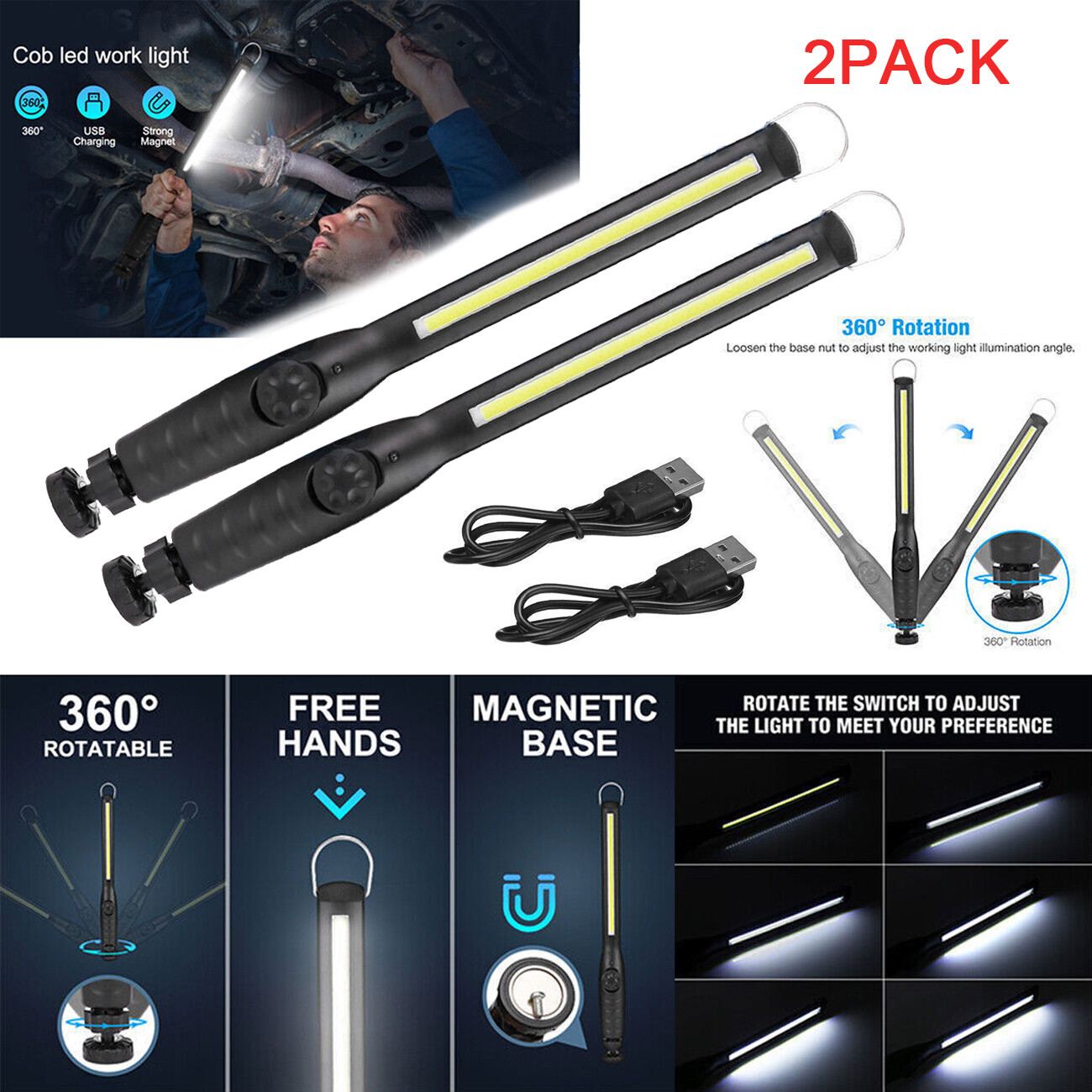 2pcs Rechargeable LED Slim Work Light Mechanic Flashlight Lamp Bar Camping Torch