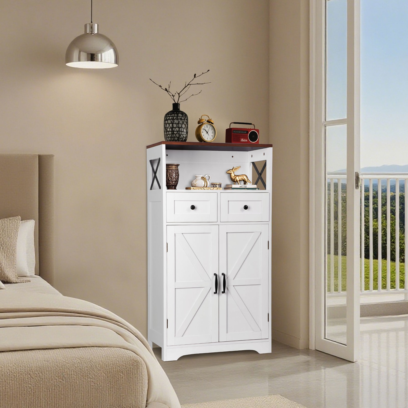 Farmhouse Storage Cabinet Bathroom Floor Cabinet Kitchen Pantry w/ Drawers White