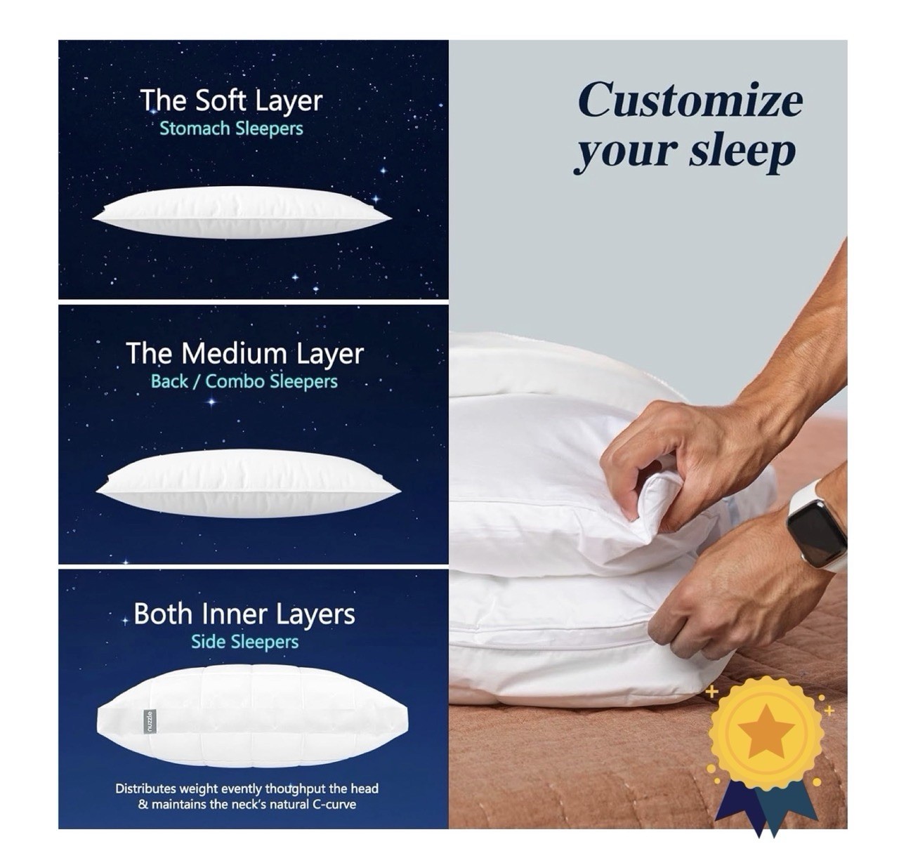 Nuzzle Cooling Adjustable Pillow for Side Queen Size (Set of 2), White