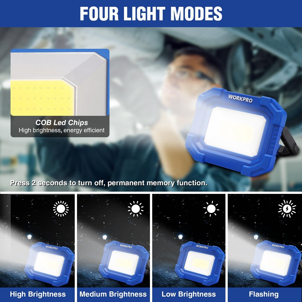 WORKPRO 2Pack Rechargeable 2000LM LED Work Light Magnetic Super Bright Worklight