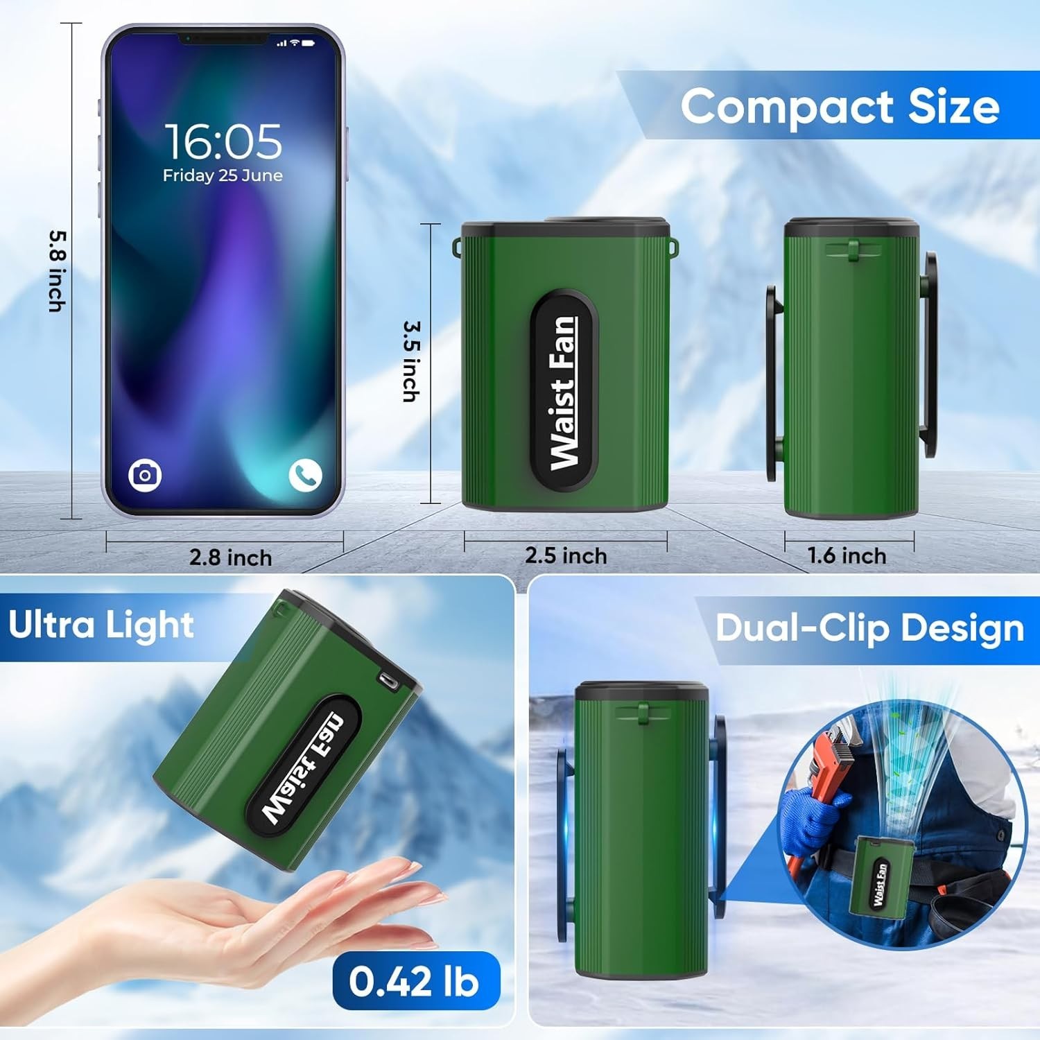 Portable Waist Fan Clip On 80000mAh Wearable Personal Fan with Rechargeable Batt