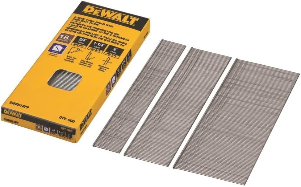 DeWalt DWBN18PP 18 Gauge Brad Nail Project Pack Sizes 3/4″ 1-1/4″ and 2″ (900ct)