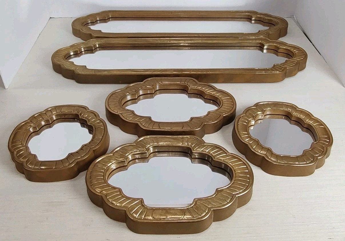 Set Of 6 Viintage Home Interior Gold Octagon Shaped Wall Hanging Accent Mirrors