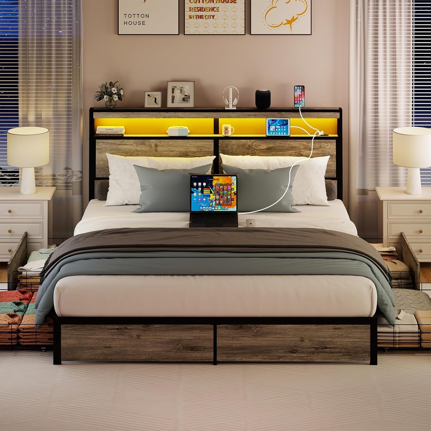 Full Queen King Bed Frame with Storage Headboard ,Charging Station & LED Lights