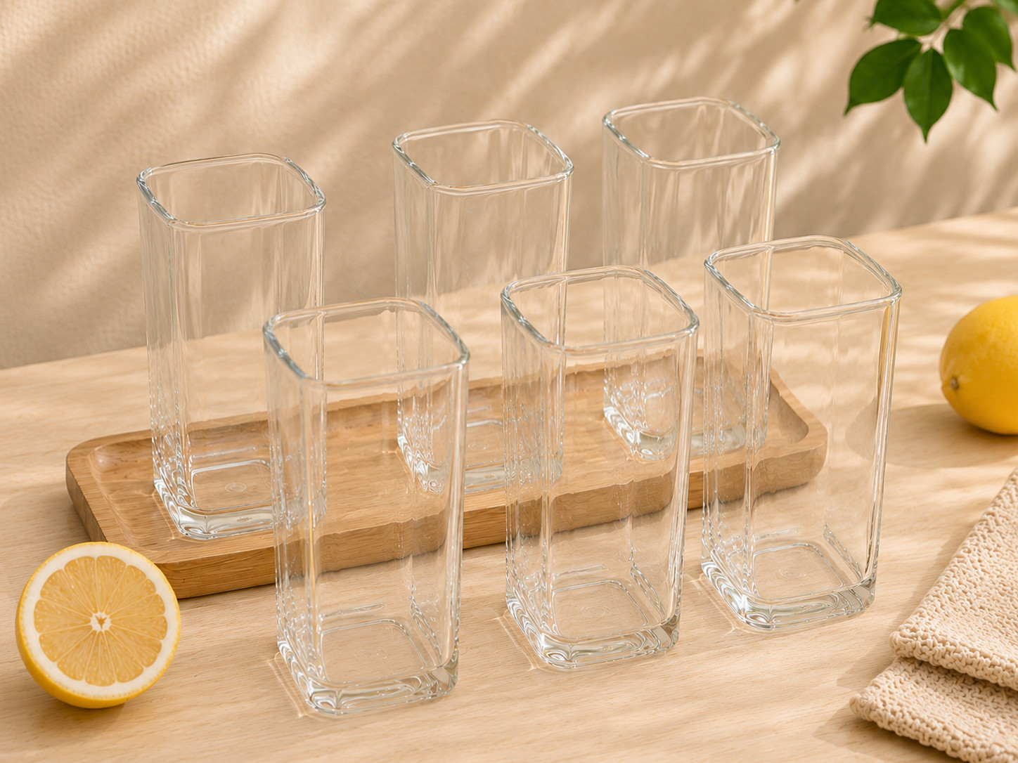 6 Pack 13oz Square Drinking Glasses with Lids and Bent Glass Straws, Reusable Gl