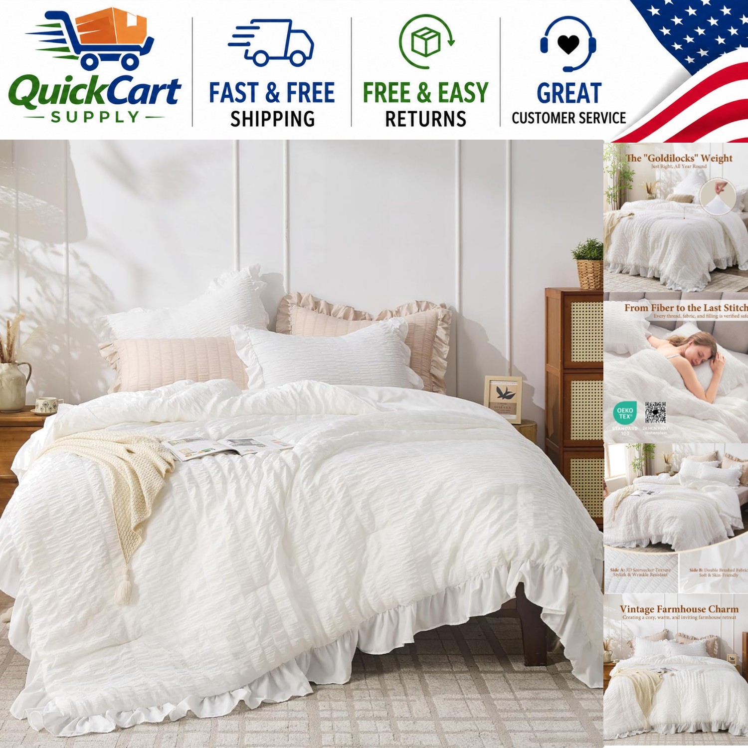 Vintage Style King Comforter Set in White – Soft Ruffle Design for All Seasons