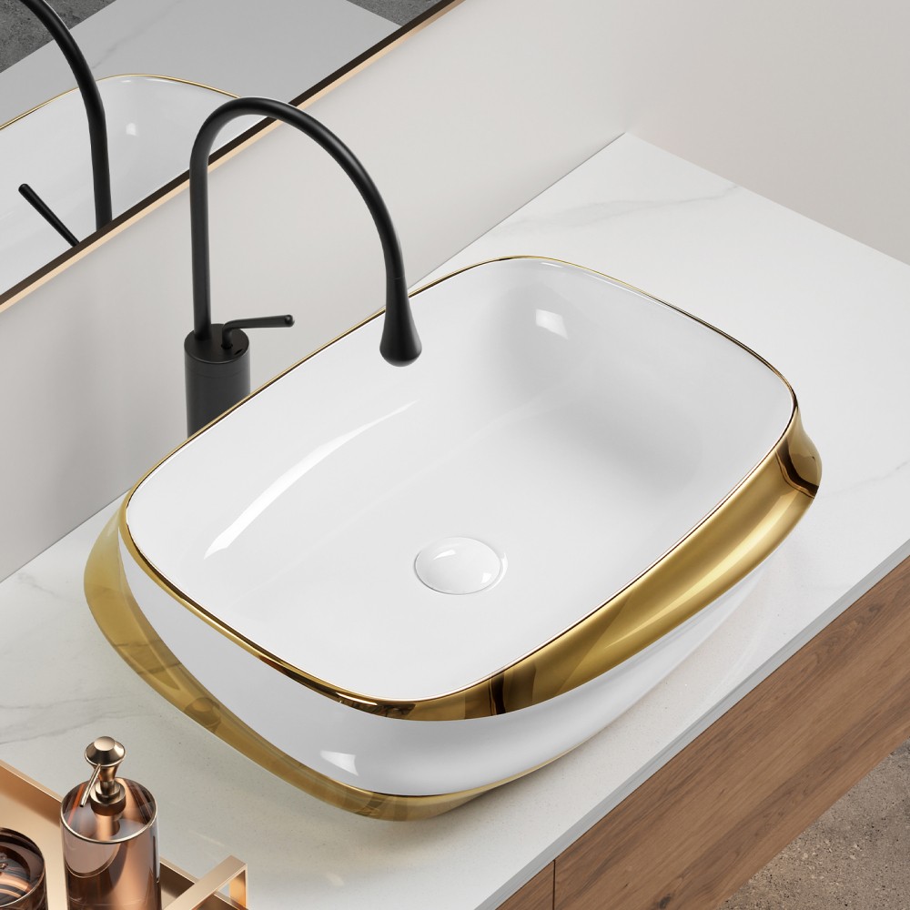 24X17 Ceramic Bathroom Vessel Sink Above Counter Modern Vanity Art Basin Gold