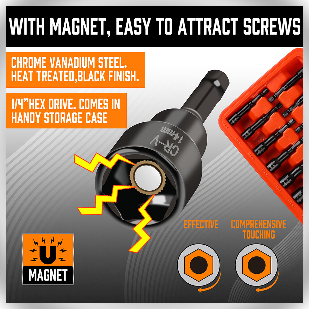 15pc Magnetic Nut Driver Setter Bit Nut Driver MM & SAE 1/4″ Shank Quick Change