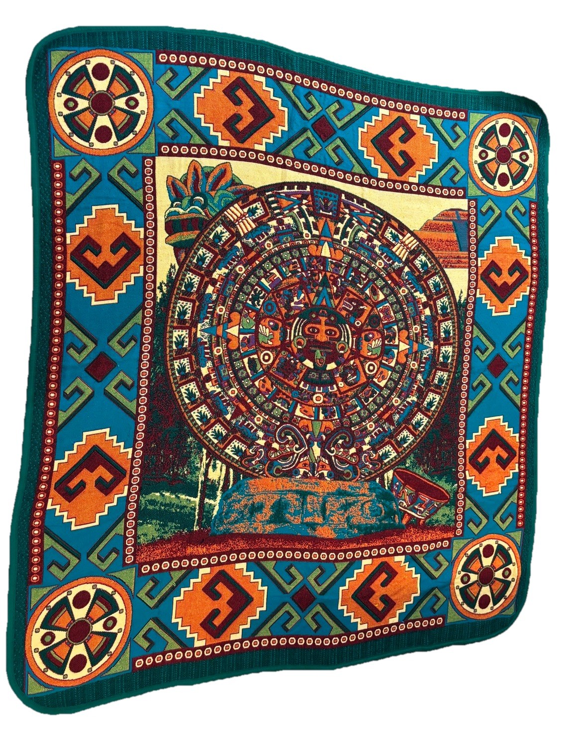 Vtg Monarca Mexico Aztec Sun Stone Calendar Blanket Tapestry Blue Queen/King