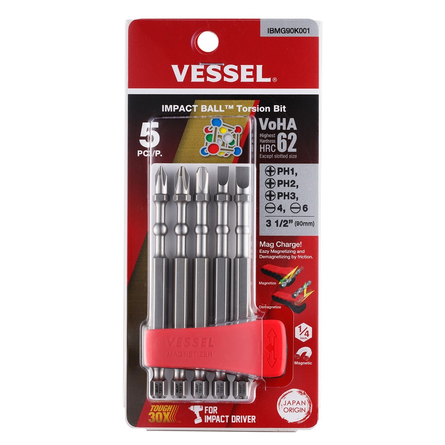 Vessel Impact Bit Set 3-1/2″ 5pc JIS Like Phillips PH Flat Slot Magnetizer HRC6