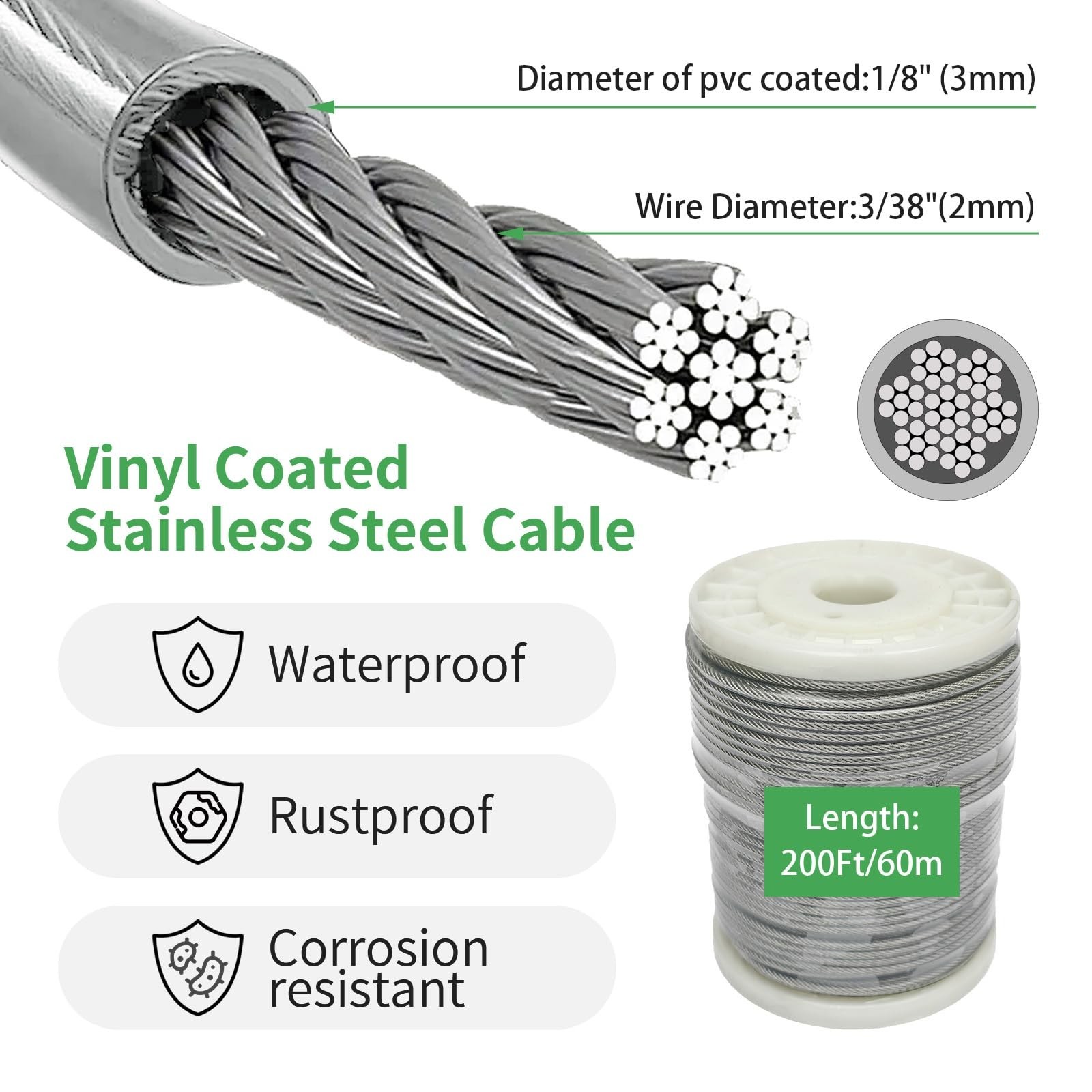 1/8″ Wire Cable Rope Kit ，Vinyl Coated 304 Stainless Steel Wire – 2