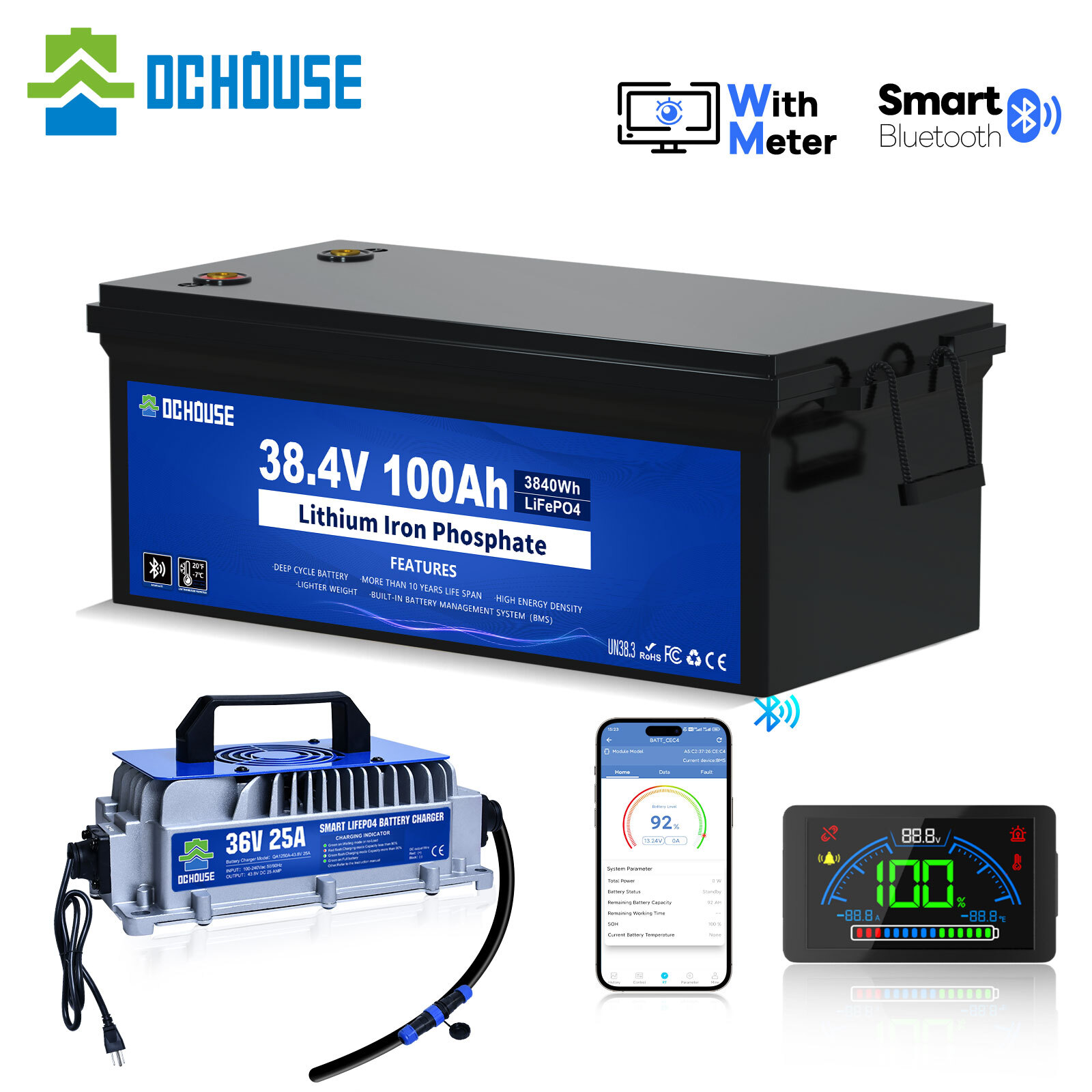 36V 100Ah Lithium Golf Cart Battery with 25A Charger Bluetooth Trolling Motor RV