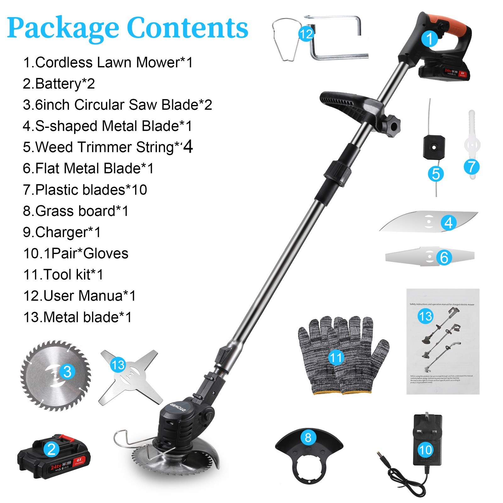 24V Cordless Grass Trimmer Battery Weed Wacker Lawn Edger Cutter Garden Strimmer