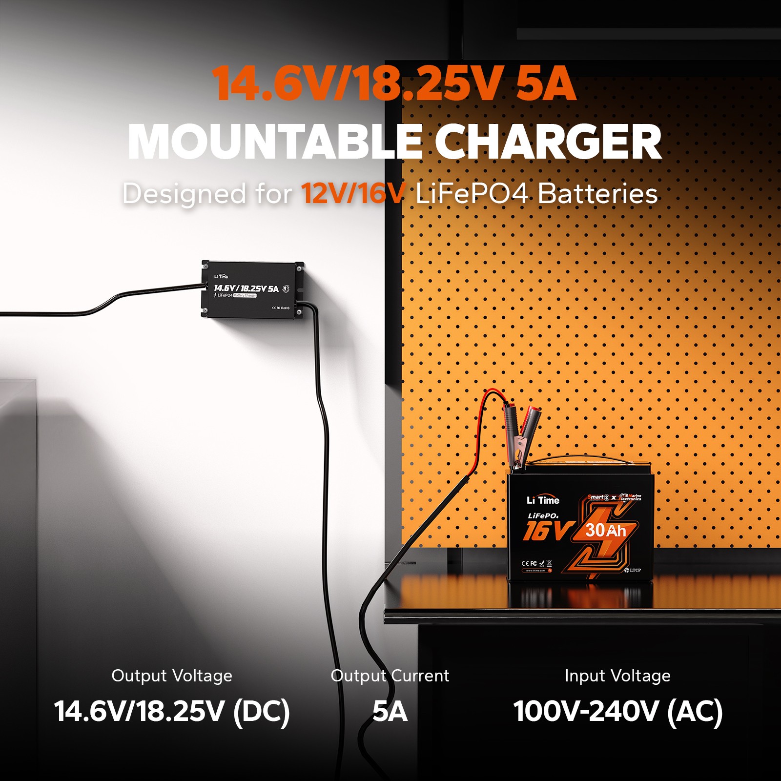 LiTime 14.6V+18.25V 5A Dual Voltage Lithium Charger for 12V 16V LiFePO4 Battery