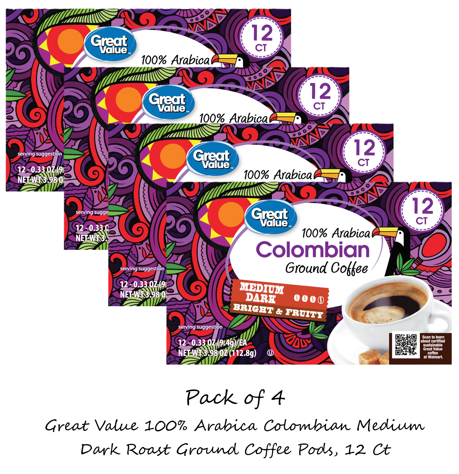 4x Great Value 100% Arabica Colombian Medium Dark Roast Ground Coffee Pods 12 Ct