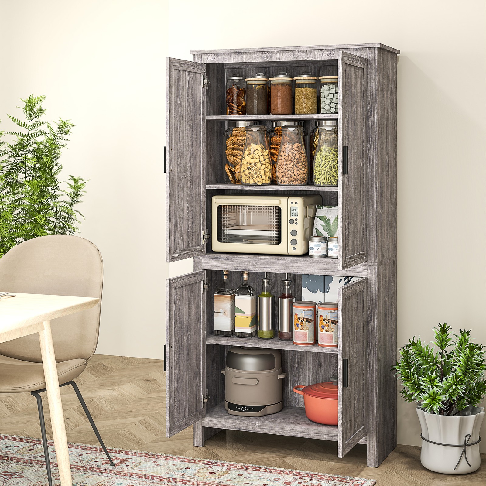 64″ 4-Door Freestanding Kitchen Pantry Cabinet with 5-Tier Shelves,Refurbised