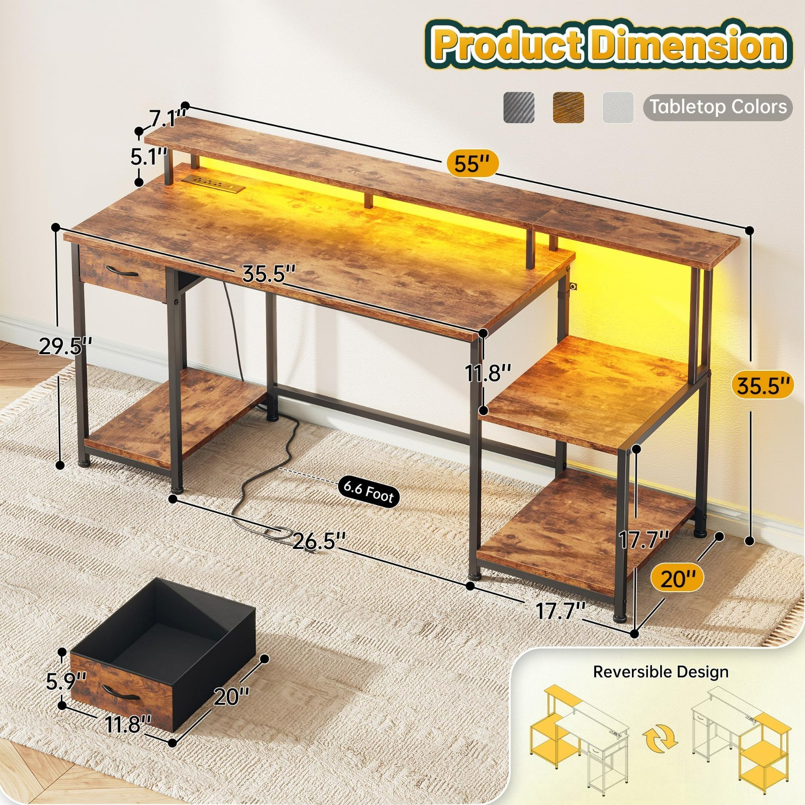 Home Office Study Table Work Computer Gaming Desk with Drawer & LED,Rustic Brown