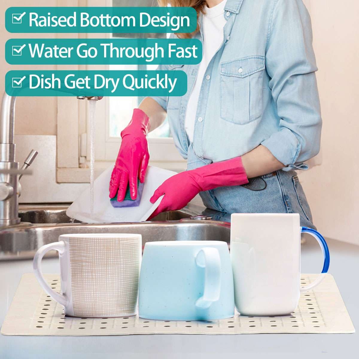 2 Pack Kitchen Sink Mat Drain Pad Protector 10″ x 12″ Non-Slip Rubber Durable