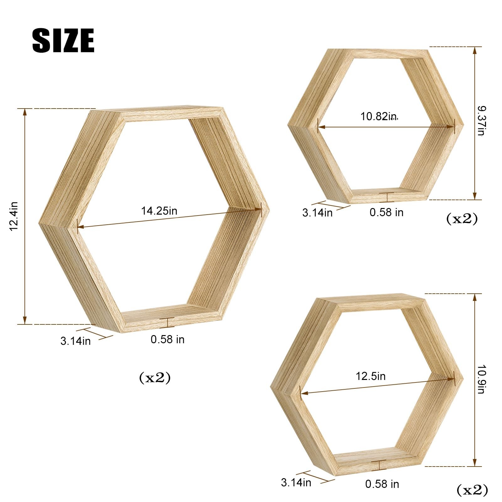 NOVIMANGO Hexagonal Floating 3.12D x 12.8W x 14.8H in, 6 Pack Wood Color