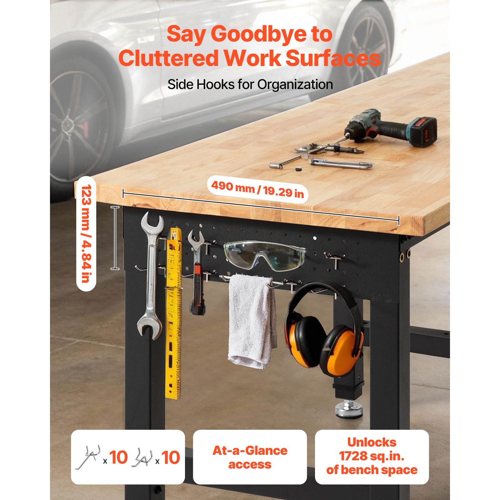 Uimoso Adjustable Workbench with Oak Wood Top and Built-in Power Outlets,72x24in