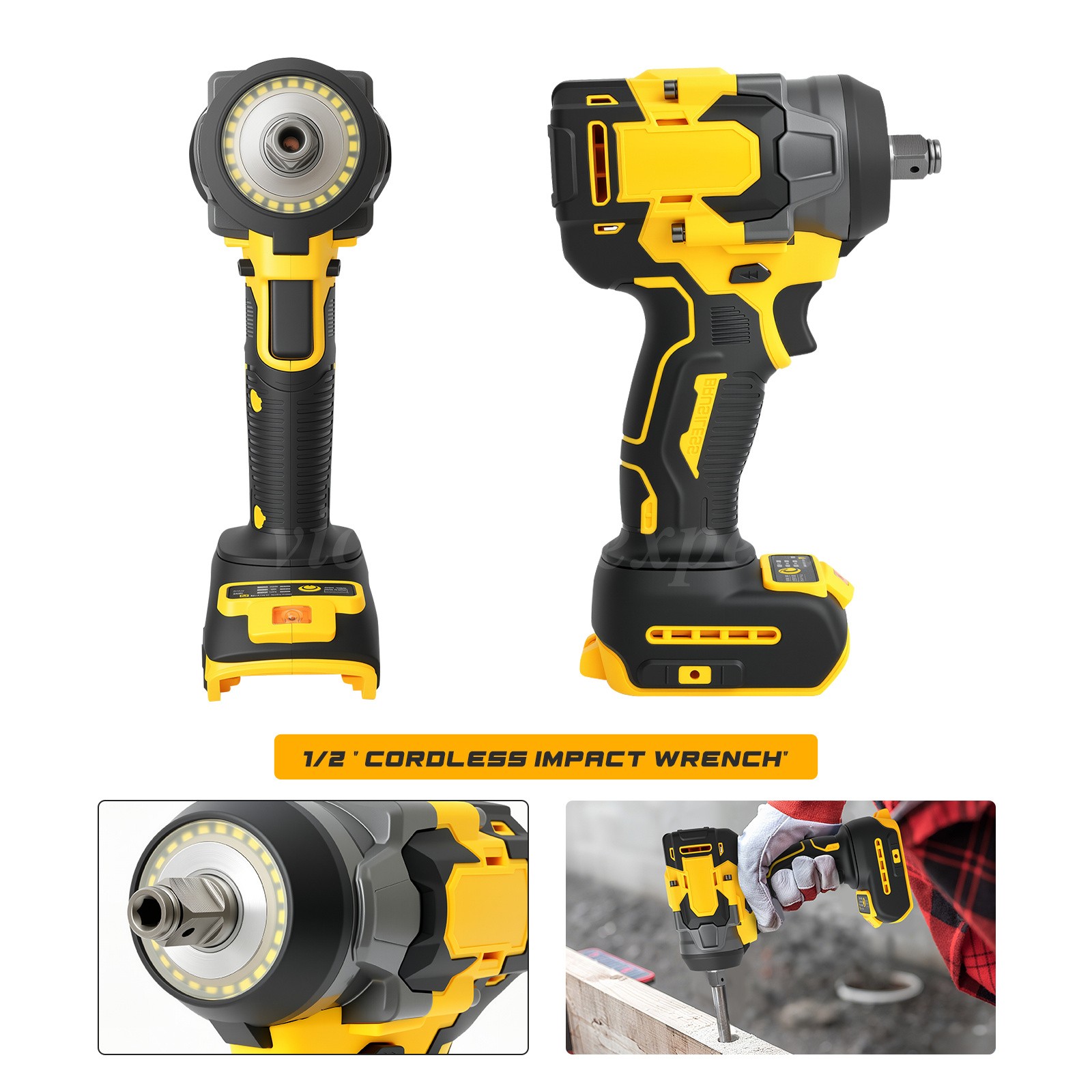 800Nm 1/2″ Cordless Impact Wrench for Dewalt 20V 18V Battery Brushless Electric