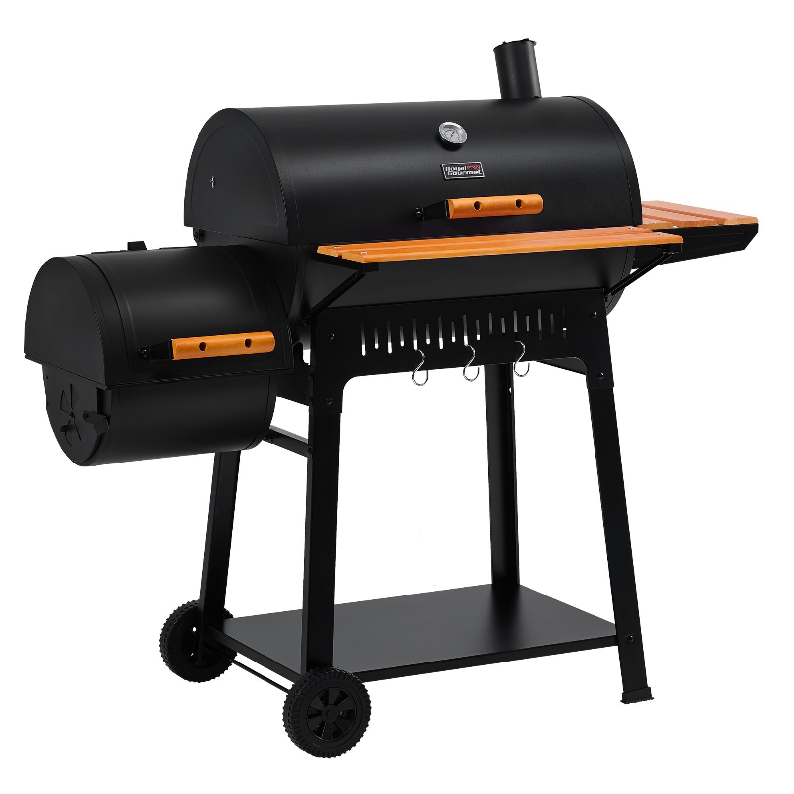 Royal Gourmet Charcoal Grill with Offset Smoker, Front & Side Shelves, Black